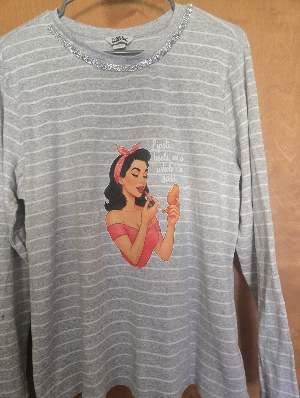 Upcycled Graphic Striped Top – Sassy Lipstick & Heels Statement Tee. LS04